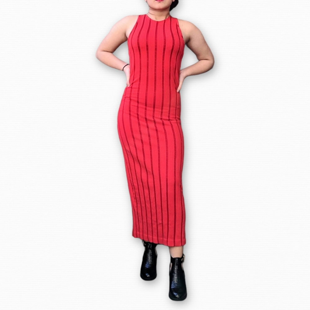 Vintage Red Sleeveless Fitted Bodycon Ribbed Stripe Tank Maxi Dress